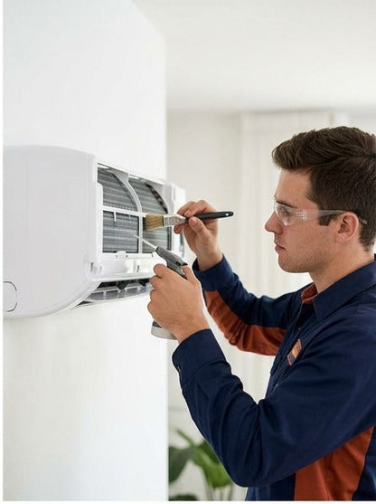 AC coil and filter cleaning with brush