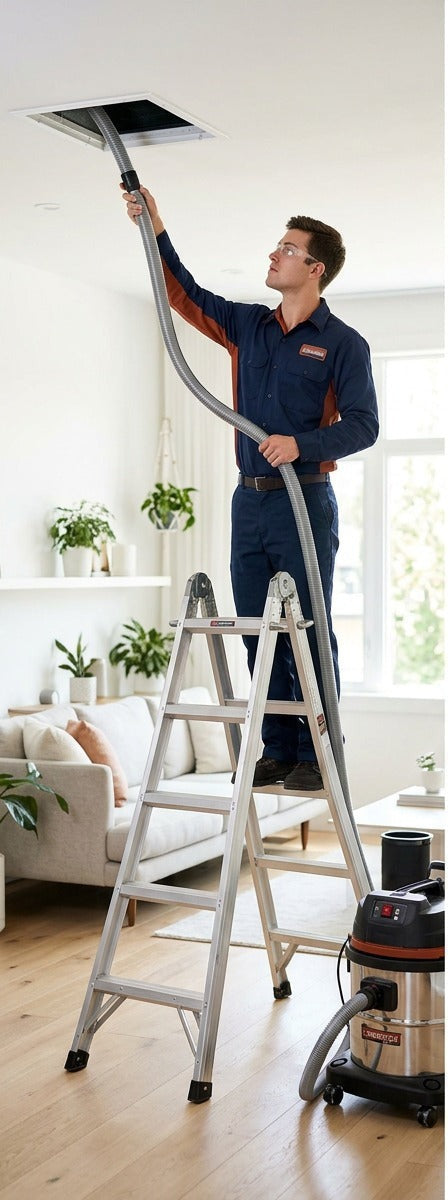 Full AC system duct cleaning on ladder